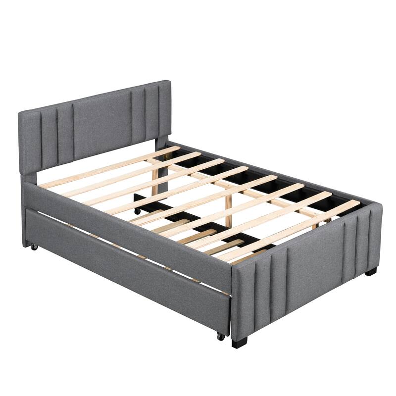 Grey Full Size Upholstered Platform Bed with Trundle, Tufted Headboard, Sturdy Frame