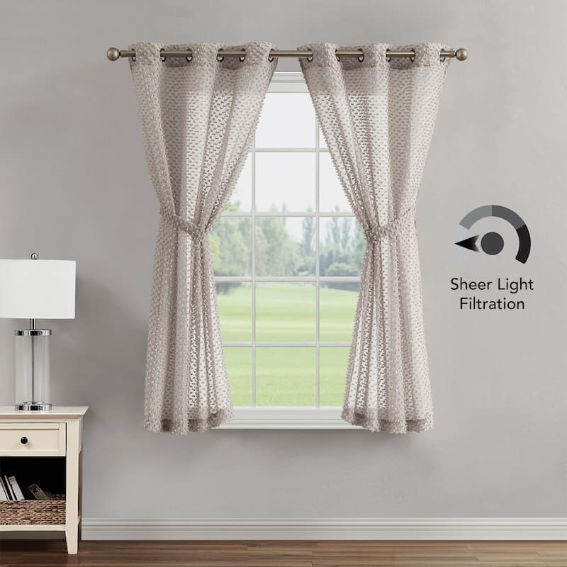 Creative Home Ideas Mia Embellished Sheer Grommet Window Curtain Panel Pair with Tiebacks,
