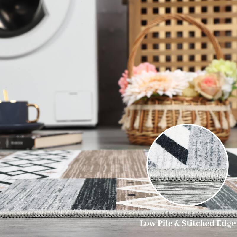 Area Rug Washable Living Room Rugs Vintage Geometric Area Rug Soft Low Pile Non-Slip Area Rug