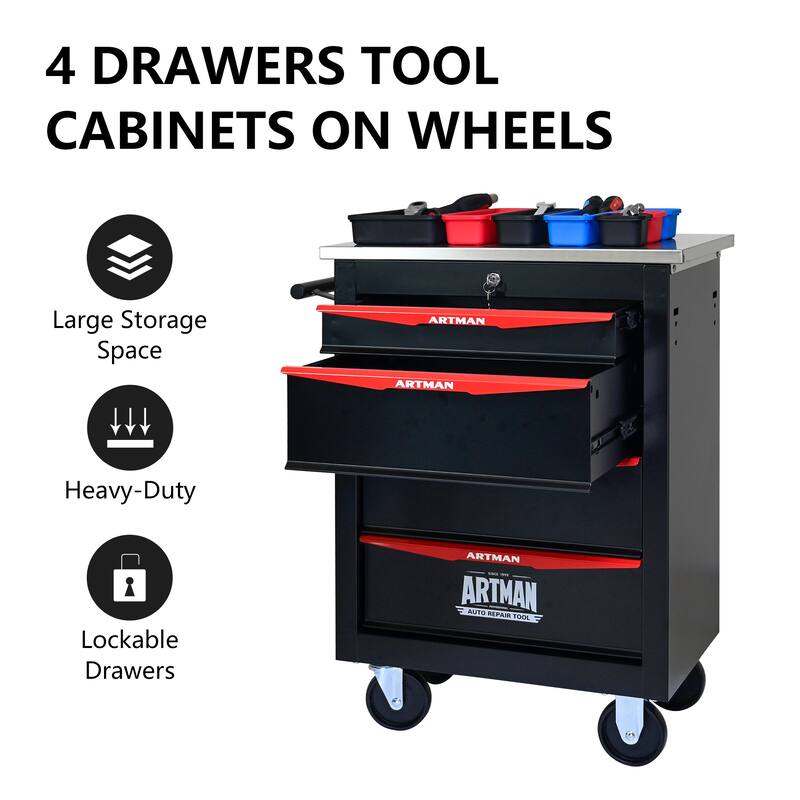 4-Drawer Rolling Tool Cart with Wheels for Garage, Workshop & Warehouse