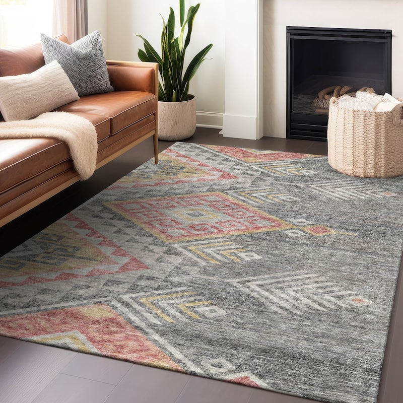 Machine Washable Indoor/ Outdoor Boho Tribal Chantille Rug - Gray - 3' x 5'