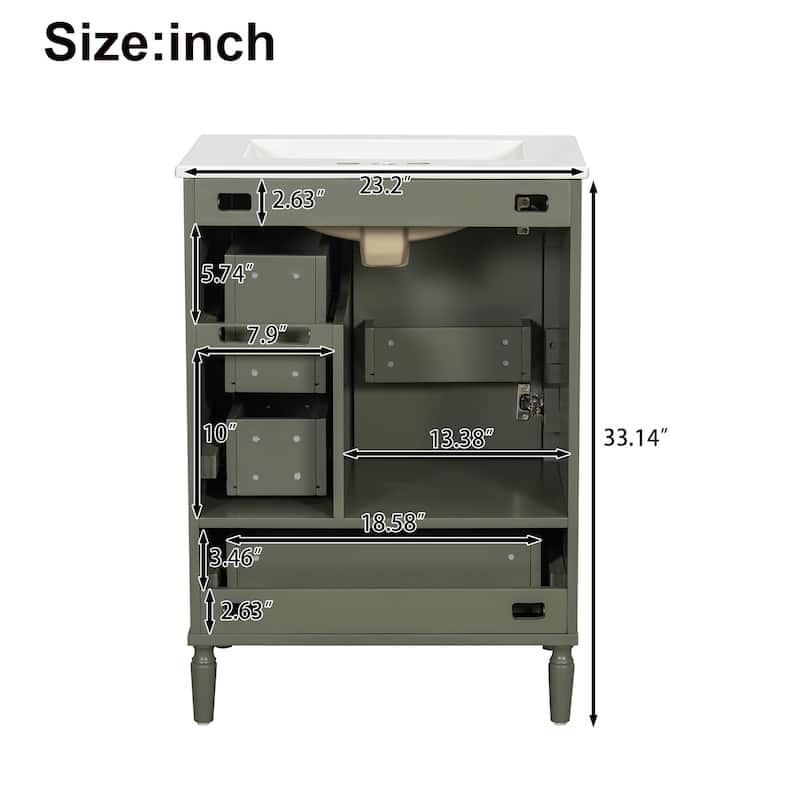 24" Modern Bathroom Vanity with Ceramic Sink, 3 Drawers, Soft-Close Door, Gold Handles, Space-Saving Storage