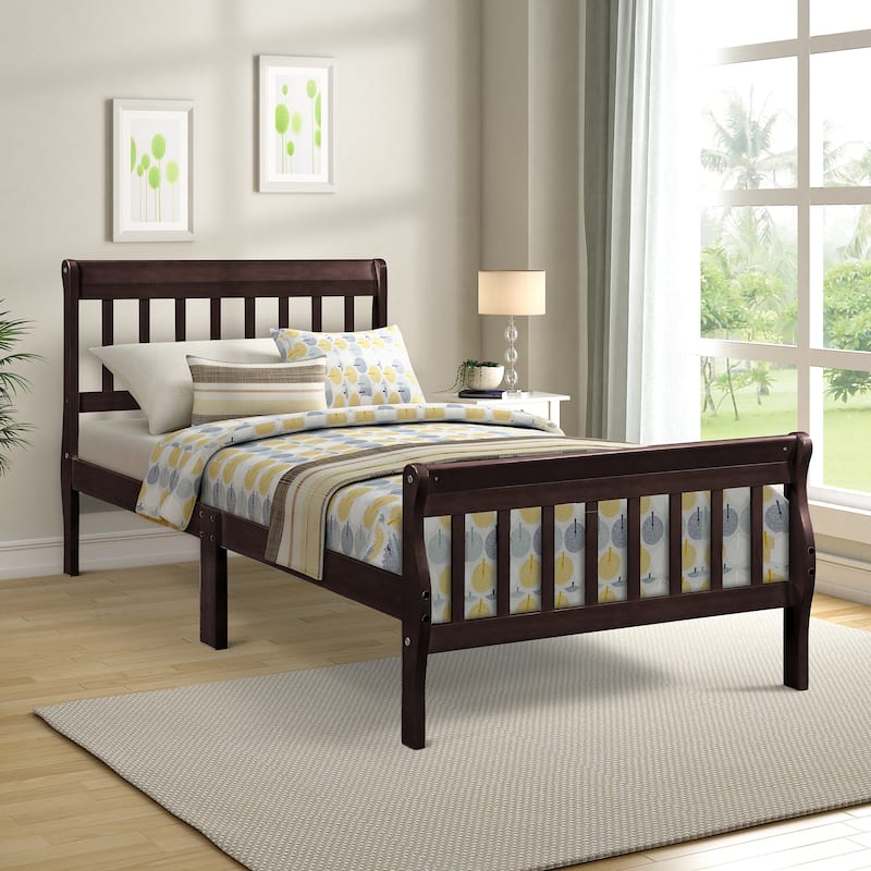 Classic Sleigh Bed Twin Size Platform Bed with Hollow Design Headboard and Footboard, Solid Wood Frame with Slat Support - Espresso - Twin
