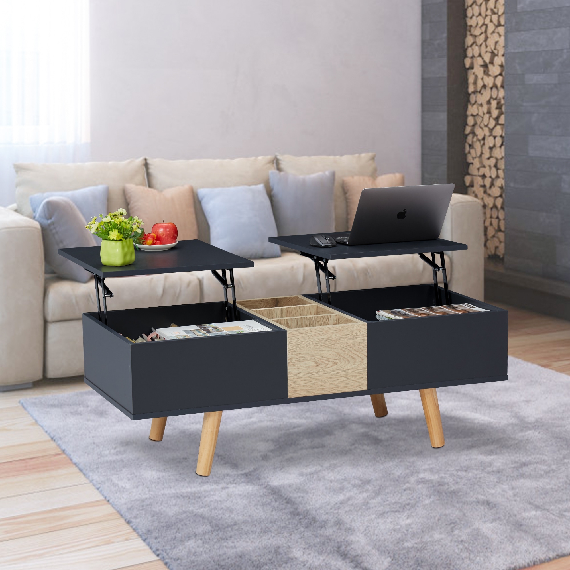 Kinsuite Lift Top Coffee Table with Hidden Compartment and Storage Shelf Modern Wood Rising Desk for Living Room Reception Room 