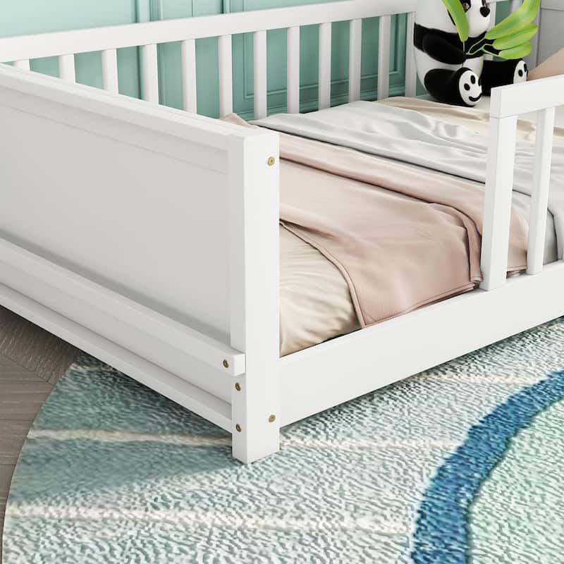 Twin Size Floor Platform Bed with Built-in Book Storage Rack, White