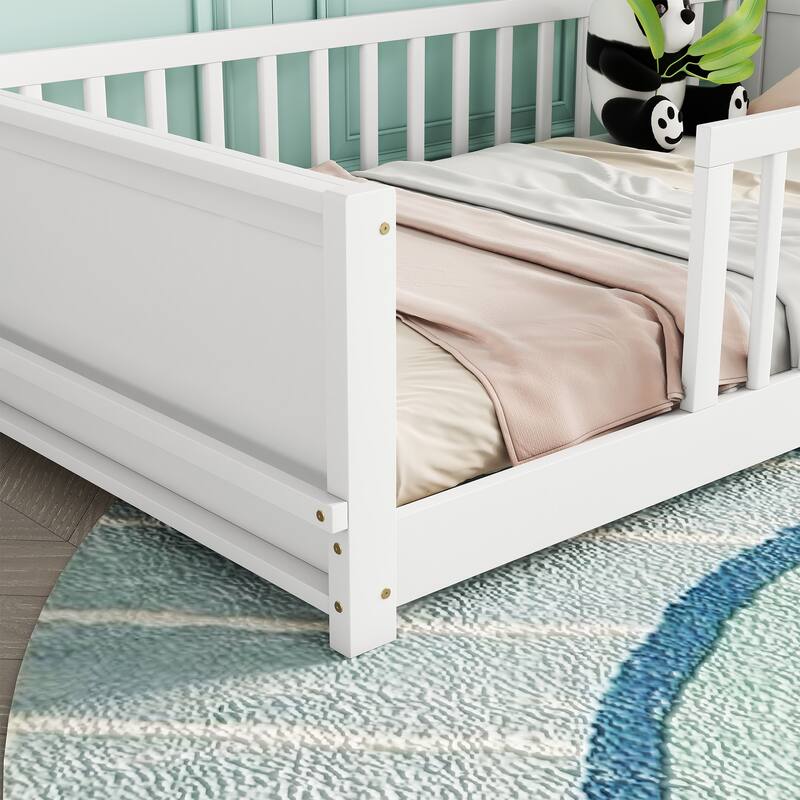 Twin Size Pine Wood Floor Platform Bed with Built-in Book Storage Rack and Fence