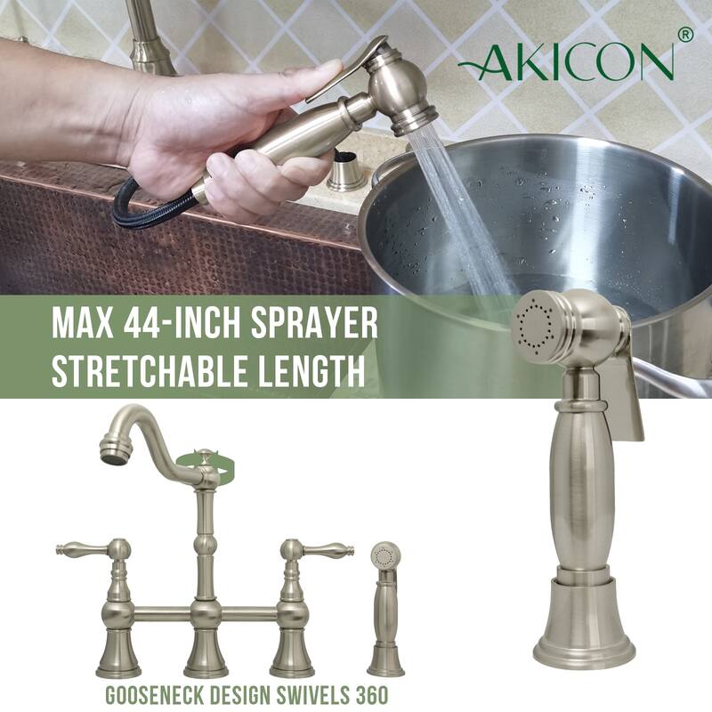Two-Handles Bridge Kitchen Faucet with Side Sprayer 8-3/8 Inch High Arc