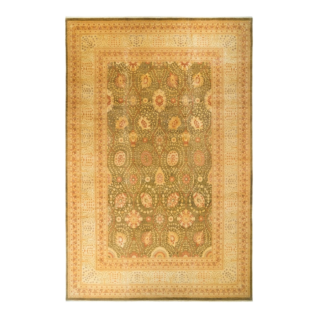 Overton Hand Knotted Wool Vintage Inspired Traditional Mogul Green Area Rug - 12' 2" x 17' 7"