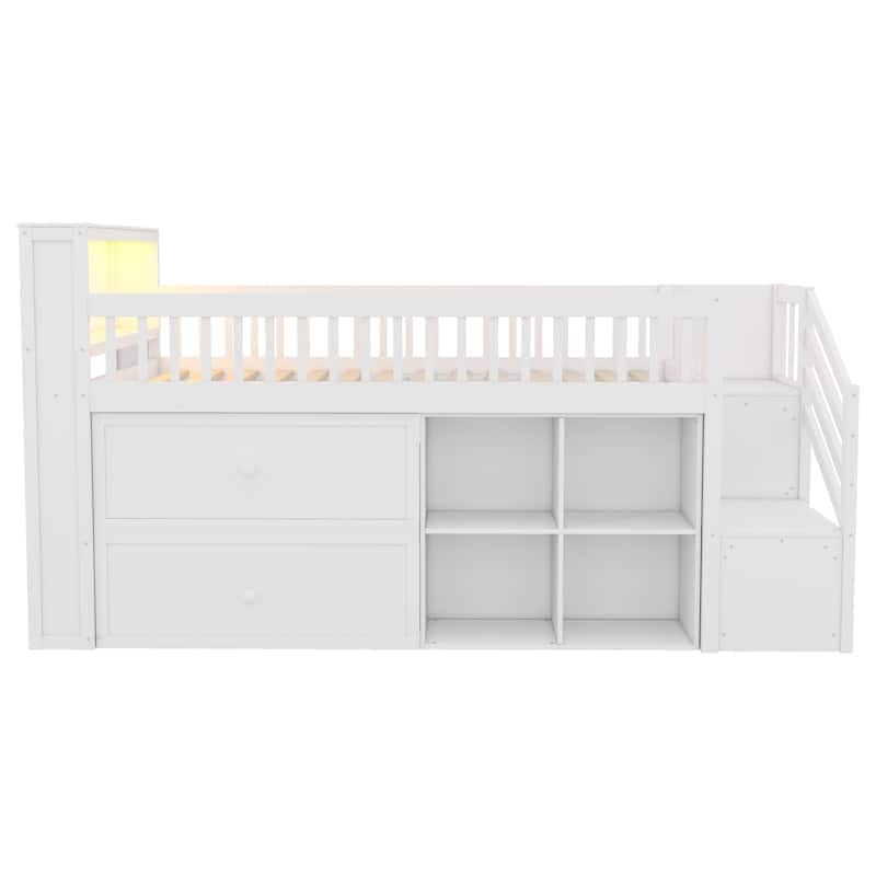 Roomfitters Twin Low Loft Platform Bed, LED Bookshelf and Storage Drawers with Wooden Frame for Bedroom or Guest Room, White