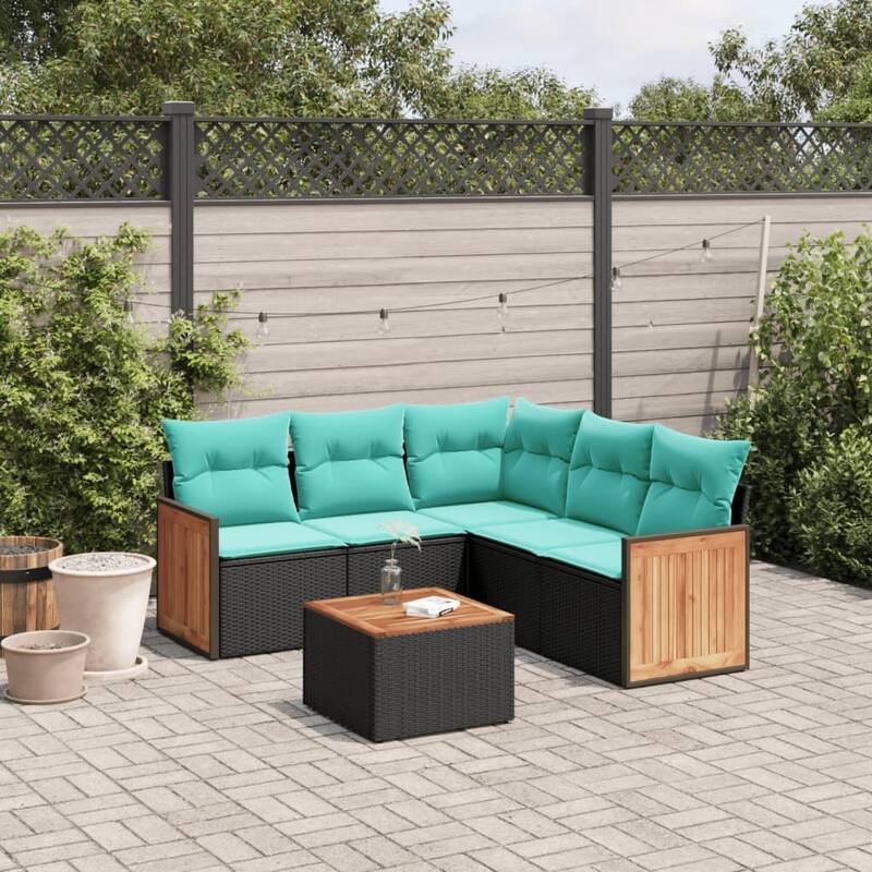 vidaXL 5/6 Piece Patio Sofa Set with Cushions Black/Gray Poly Rattan - 24.4 x 24.4 x 27.2 - Black With table