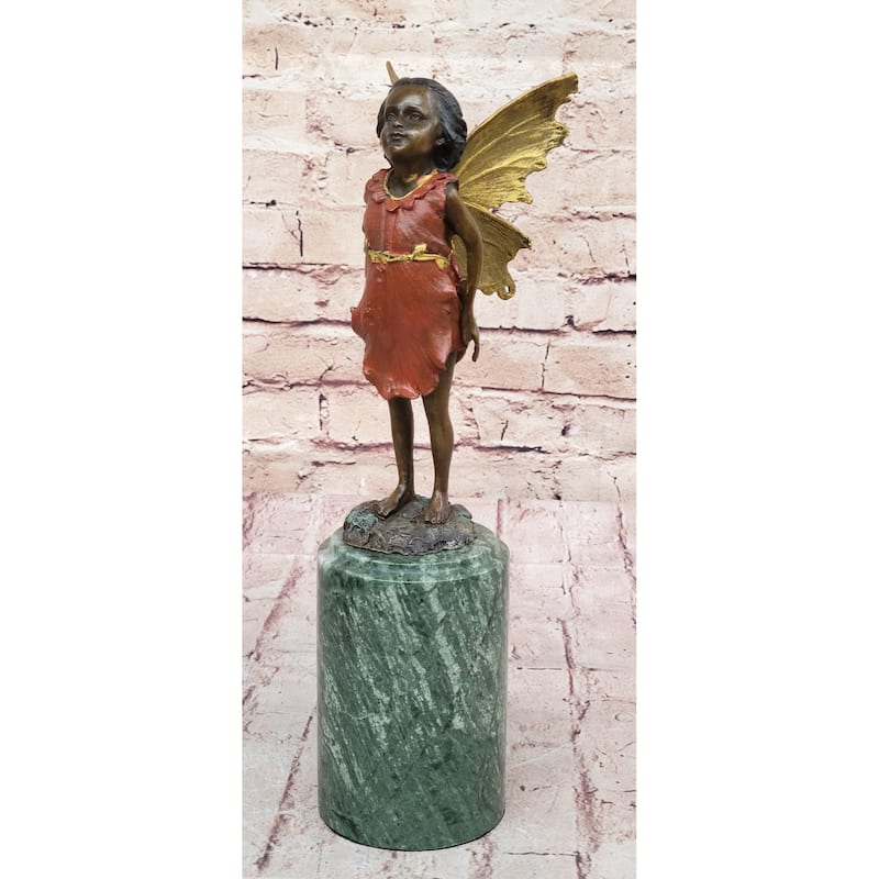 Hot Cast Bronze Young Fairy Girl Winged Angel Figure Sculpture On Green Marble Base