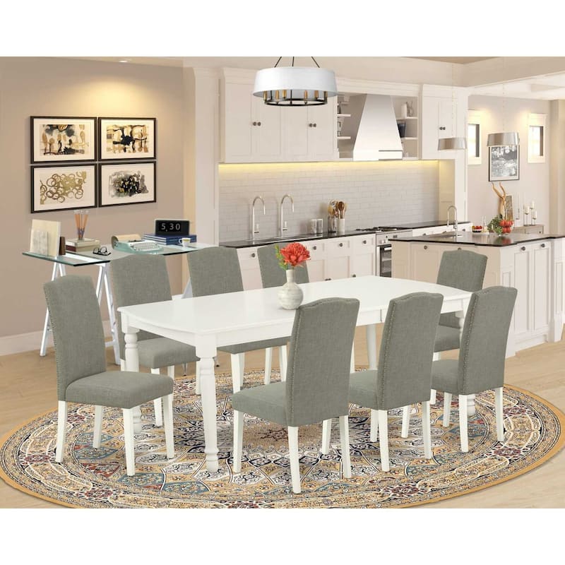 Nordic Dining Table Set 9Pc - 60x78 Inch Rectangle Table w/ Leaf & 8 Chairs - Linen White Legs
