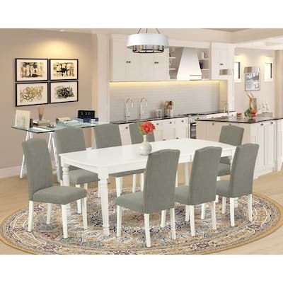 Nordic Dining Table Set 9Pc - 60x78 Inch Rectangle Table w/ Leaf & 8 Chairs - Linen White Legs