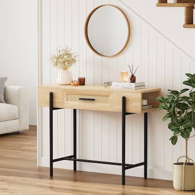 Entryway Table, Rattan Console Table, Narrow Sofa Table, 40” Wood Entry Table with Storage and Drawer
