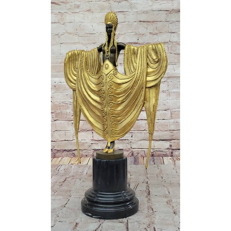 J. Erte Art Deco Golden Lady Sculpture With Flowing Drapery On Marble Base