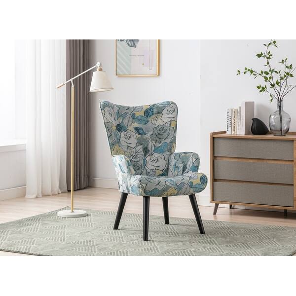 slide 2 of 11, Modern Leisure Chair Accent Chair Tufted Wingback Vanity Chair with Solid Wood Legs Blue Flower