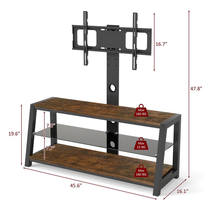 Modern TV Stand Height-Adjustable TV Stand with 3-Tier Shelving, 30° Rotating Base and Stand, for Living Rooms, Rustic Browm