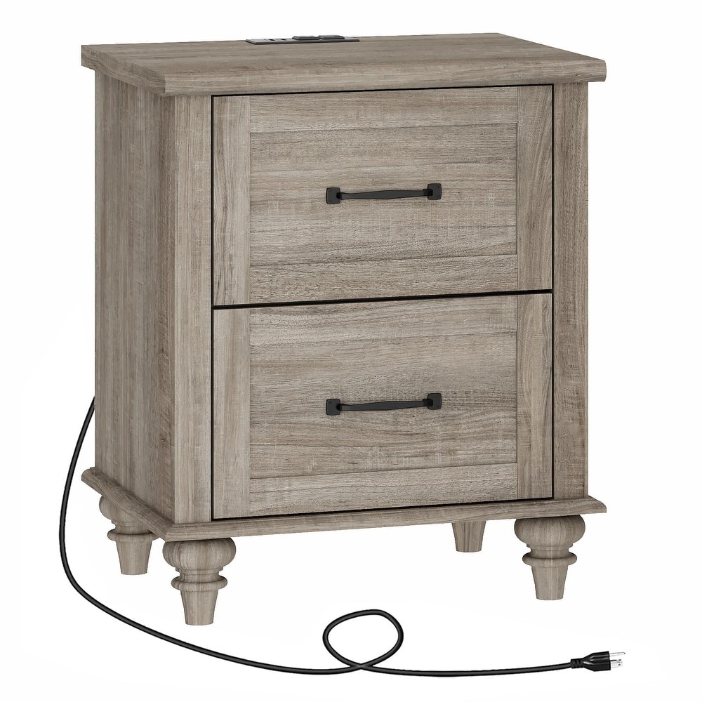 Mid Century End Table Nightstands with Charging Station & Drawer