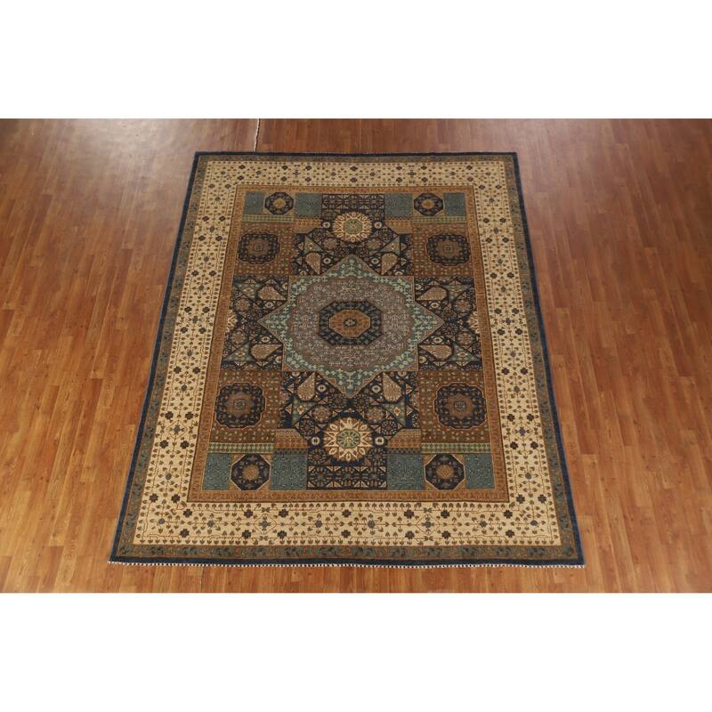 Hand Knotted Oriental 100% Wool Carpet Traditional Geometric Navy Blue & Blues Kazak Area Rug - 9' 10'' X 7' 11''