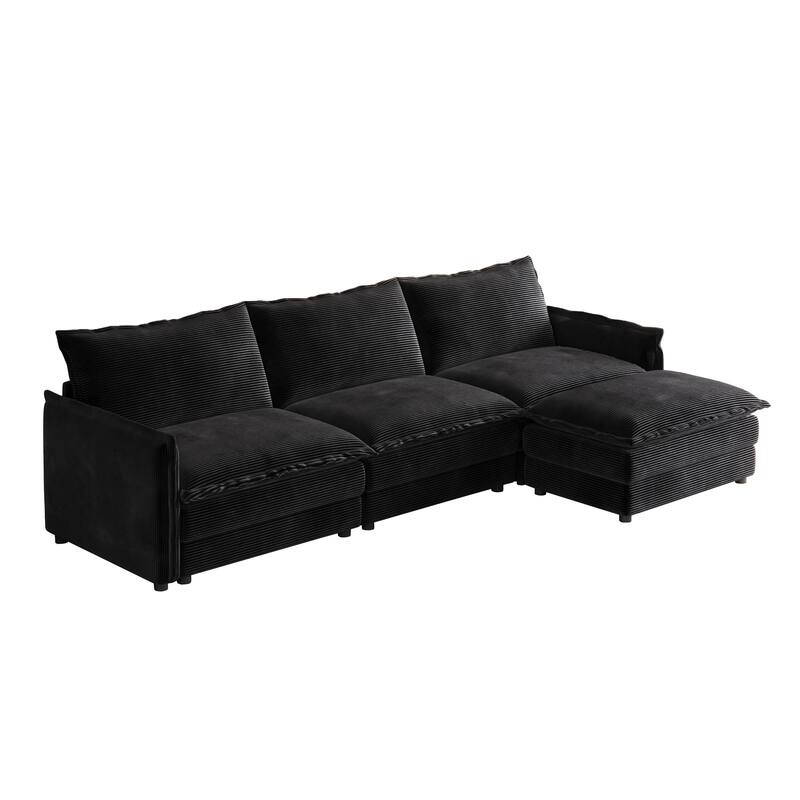 Living Room Cloud Sofa with Ottoman Chaise, 3-seater Upholstered Sectional Couch Corduroy Daybed Deep-seat Recliner Sofas