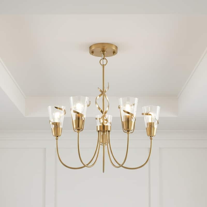 26" French Country Gold Seeded Glass 5-Light Dimmable Chandelier for Dinning Room