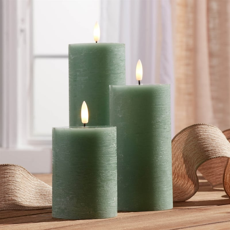 LED Lighted Flameless Pillar Candles - 6" - Green - Set of 3