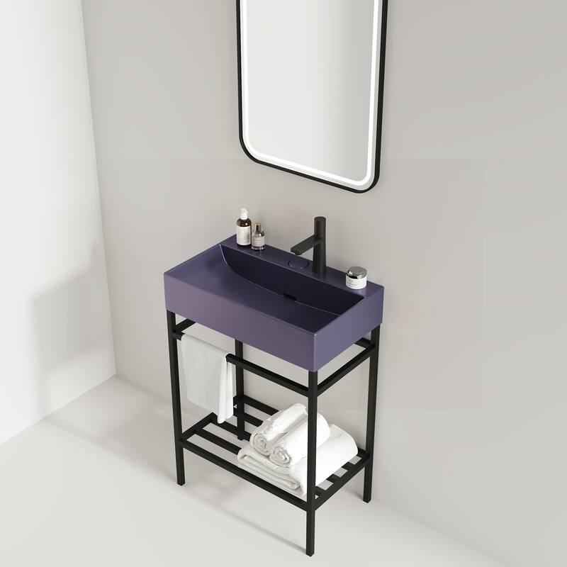 GDFStudio - Lofi Modern 24" Bathroom Vanity with Glossy Rectangular Ceramic Basin & Open Metal Storage Shelf, WITHOUT Faucet - Black