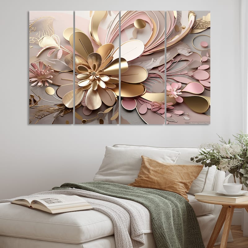 Designart "Liquid Art Gold And Pink Floral Effervescence" Abstract Multipanel Canvas Art Print set