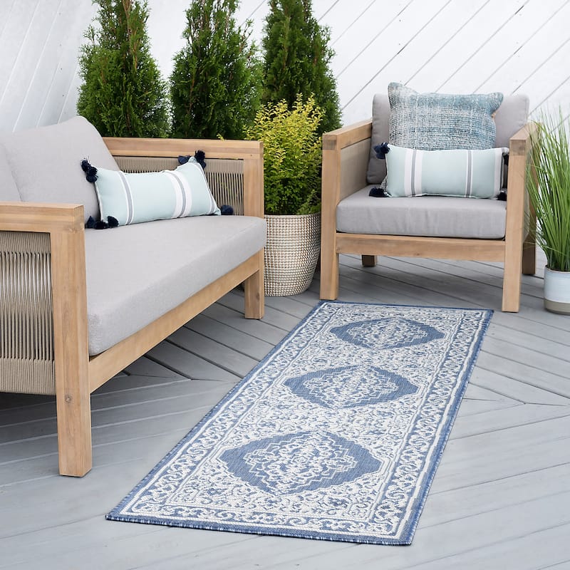 Exo Coastal Oriental Indoor/Outdoor Area Rug - 2'3'' x 7'3'' - Blue/Cream