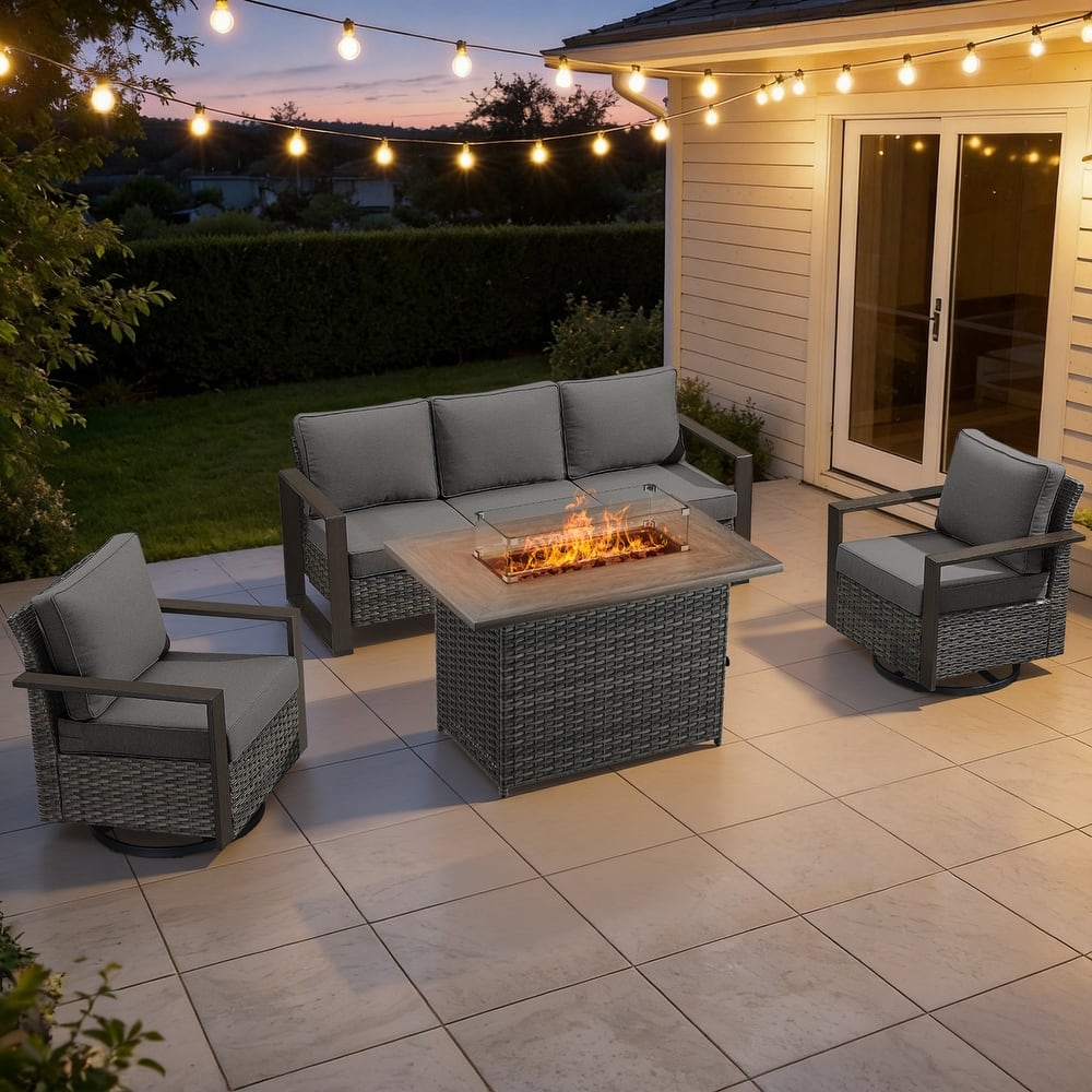 Meyreso Wicker Outdoor Patio Fire Pit Set with Swivel Gliders & 4.5" Olefin Cushions