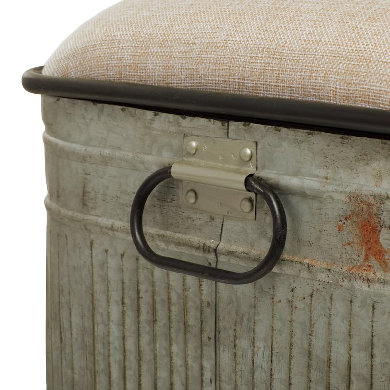 Gray Metal Galvanized Storage Bench with Cream Upholstered Burlap Top Seat - 2 Sizes