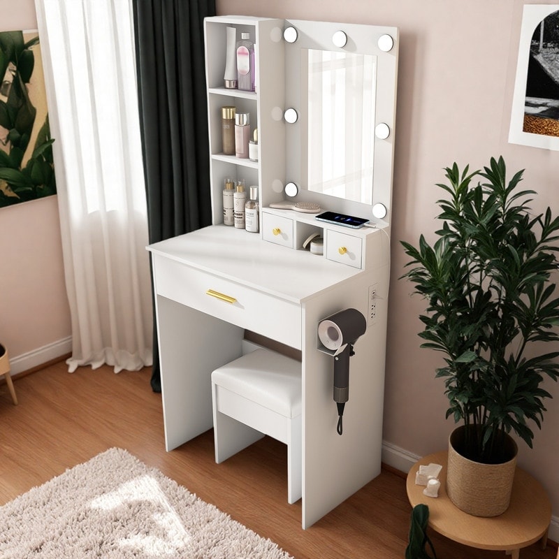 23.62" Vanity Table Set with LED Mirror & Adjustable Lighting, Makeup Desk with Power Outlet, Hair Dryer Holder, Drawers & Stool