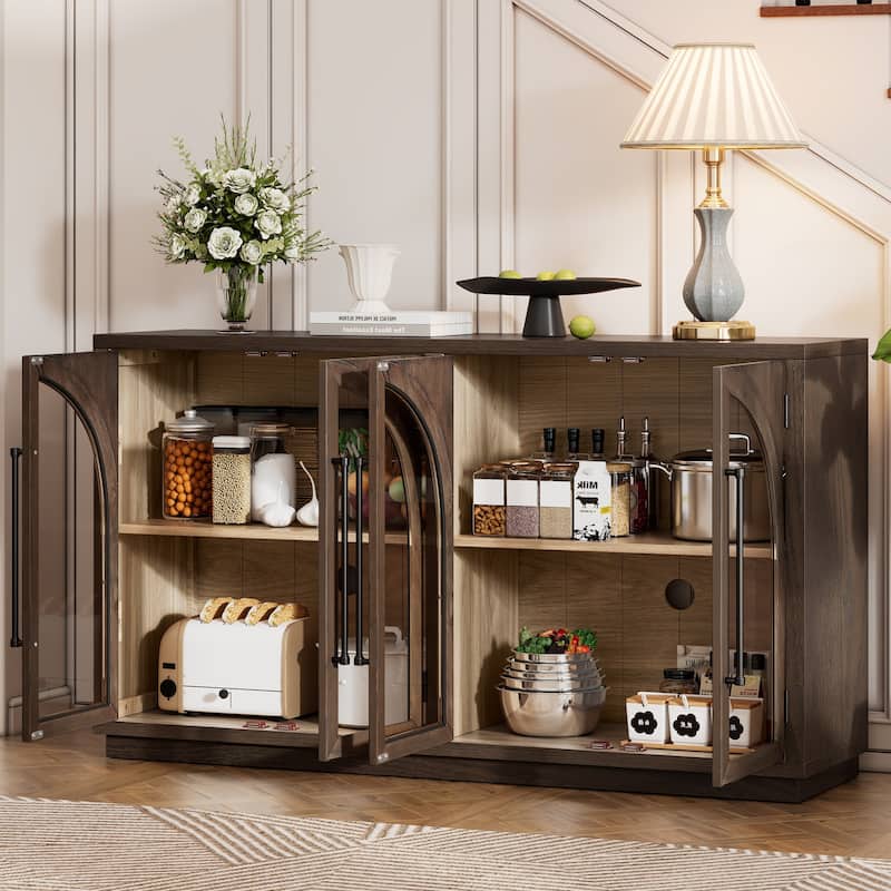 Four-Door Arched Buffet Sideboard with Glass Fronts and Adjustable Shelving, Ideal for Kitchen, Dining, or Living Room Storage.