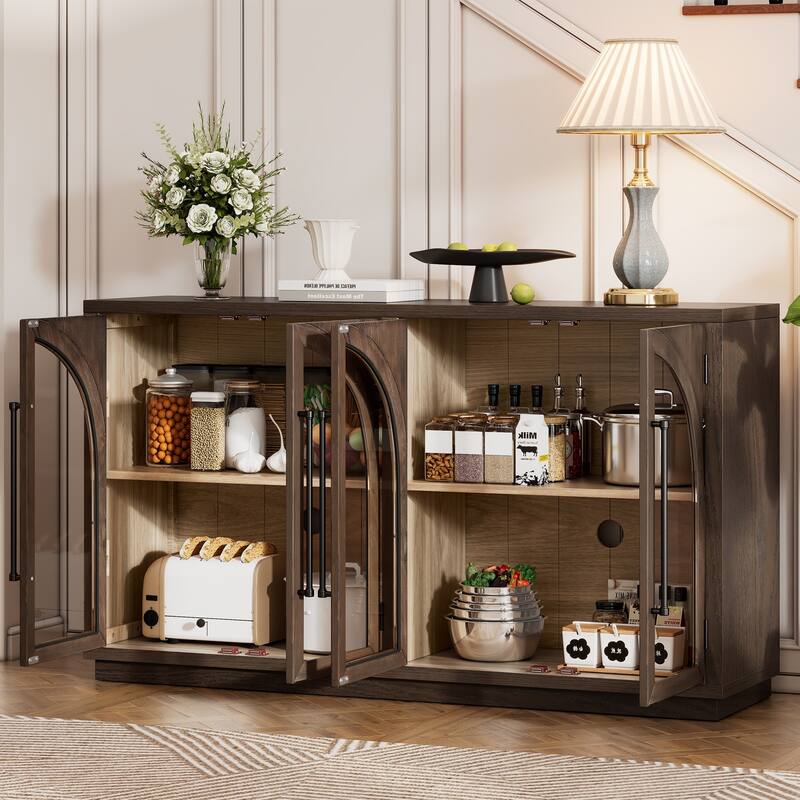 Wood Sideboard with Metal Handles, 4 Door Storage Sideboard with Glass Doors, Buffet Cabinet with Adjustable Shelves