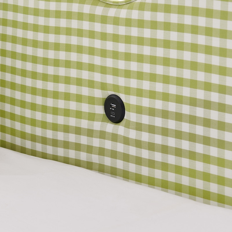 Full Size Gingham Daybed with Twin Trundle, USB Port, Wave Shaped Design & Linen Fabric - No Box Spring Needed