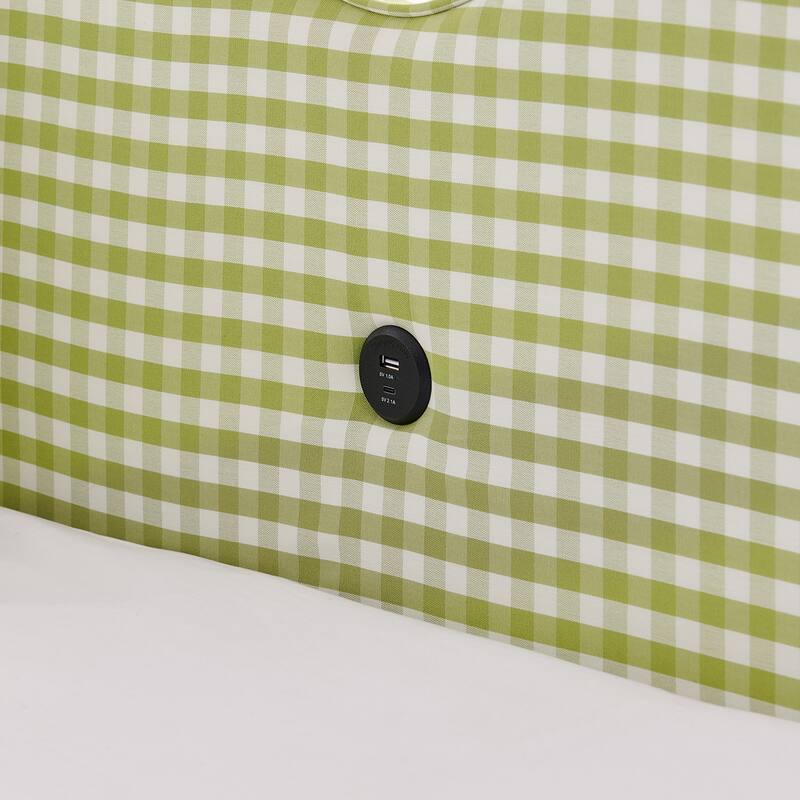 Upholstery Daybed Full Size Sofa Bed with Twin Size Trundle and Charging Ports, Linen Fabric Plaid Pattern and Wavy Silhouette