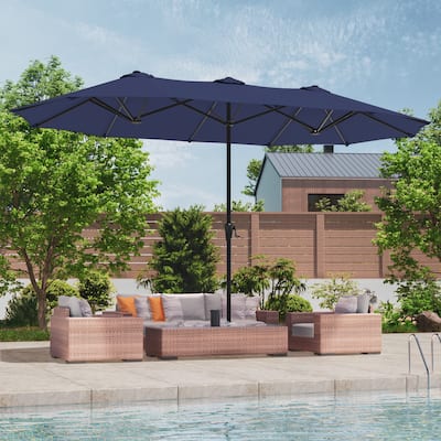 LIVOOSUN 13x7.2Ft Large Double-Sided Rectangular Outdoor Patio Market Umbrella with Crank, Solar Panel, Navy Blue