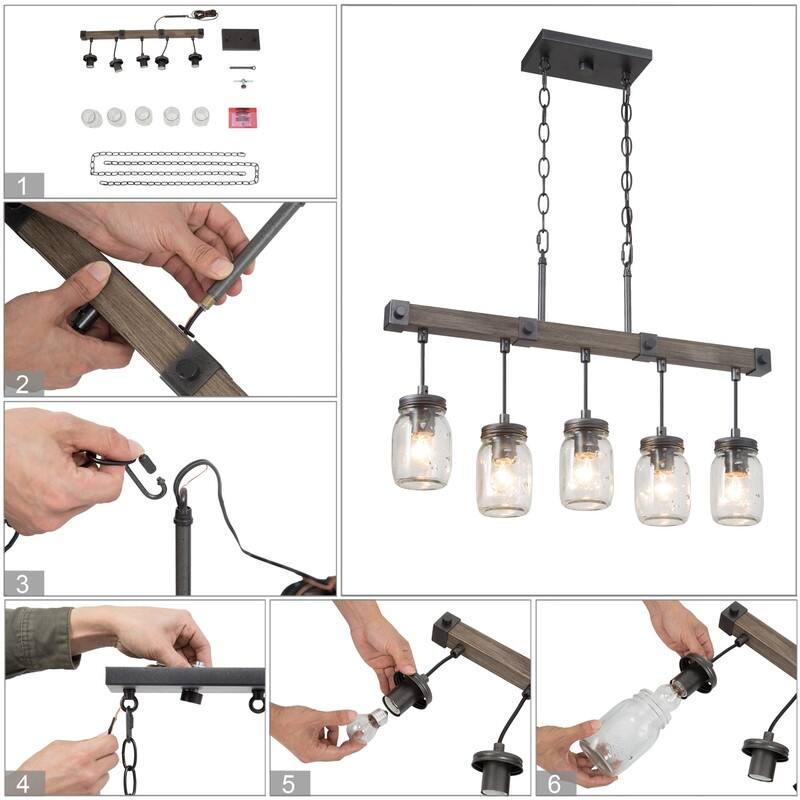 Walton Modern Farmhouse 5-Light Linear Chandelier Mason Jar Glass Kitchen Island Light - L 25.5" x W 3" x H 17"