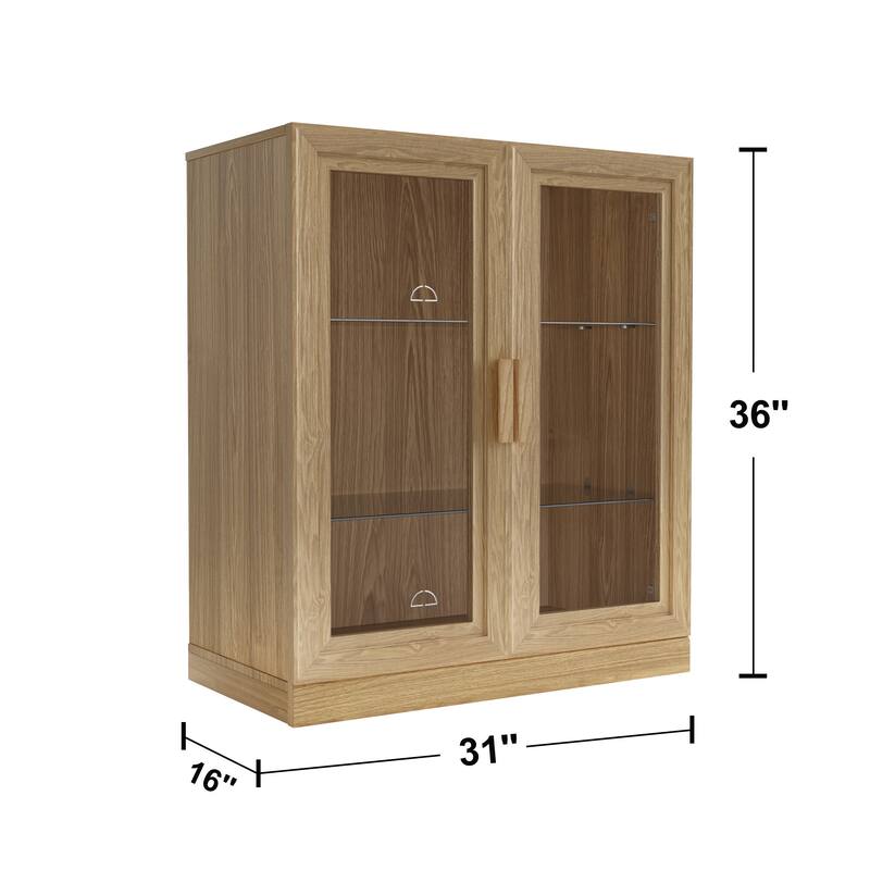 Wood Bookshelf Storage Cabinet with 2 Glass Door and Adjustable Shelf for Kitchen Bedroom Entryway Living Room Dinning Room