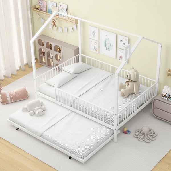 slide 2 of 16, House-Shaped Metal Full Size House Bed with Fence and Twin Trundle White