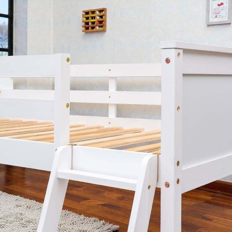 Twin Size Wooden Loft Bed with Shelves and Desk, Space-Saving Pine Wood Loft Bed with Guardrails and Ladder