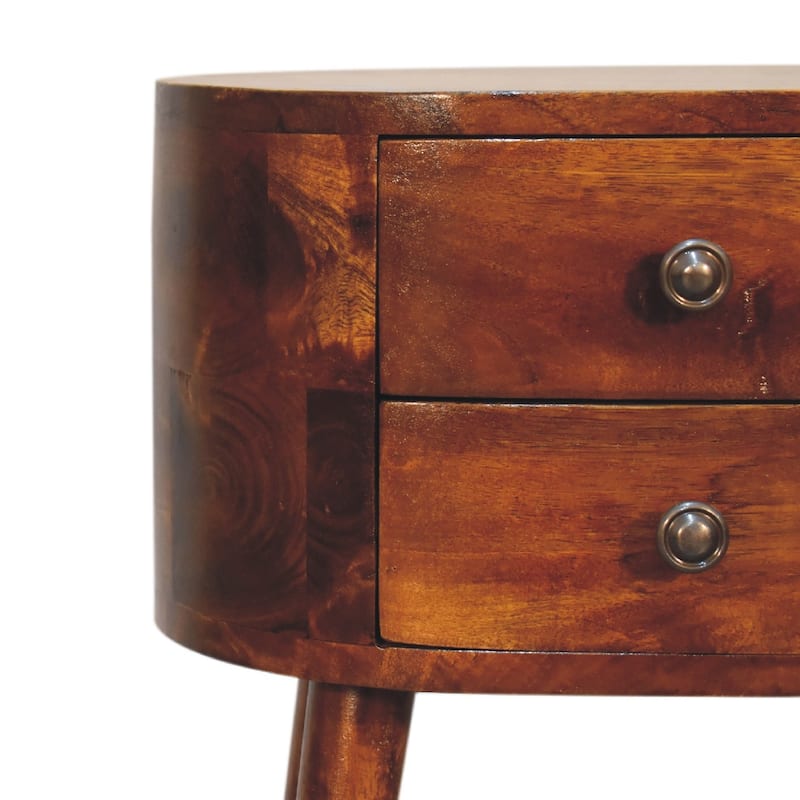 Artisan Furniture Solid Wood Mini Chestnut Rounded Nightstand Table, Brown With two Drawers
