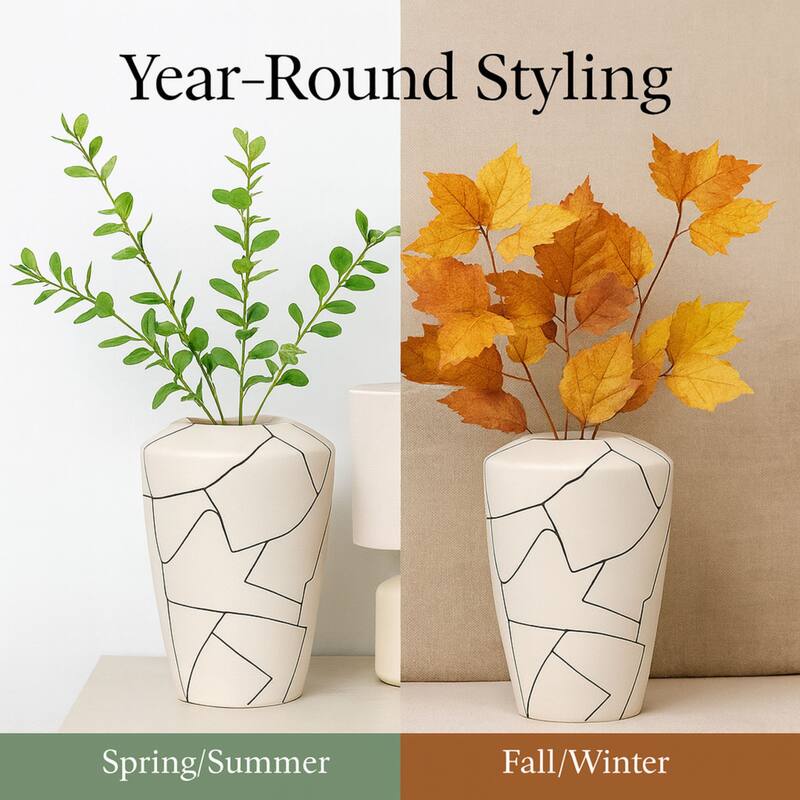 Modern Abstract Milky White Ceramic Vase with Black Line Design