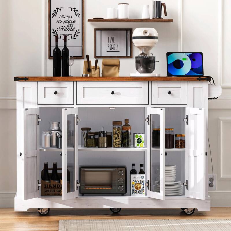 53'' Rolling Farmhouse Kitchen Island - Two Glass Cabinet Doors with Power Outlet
