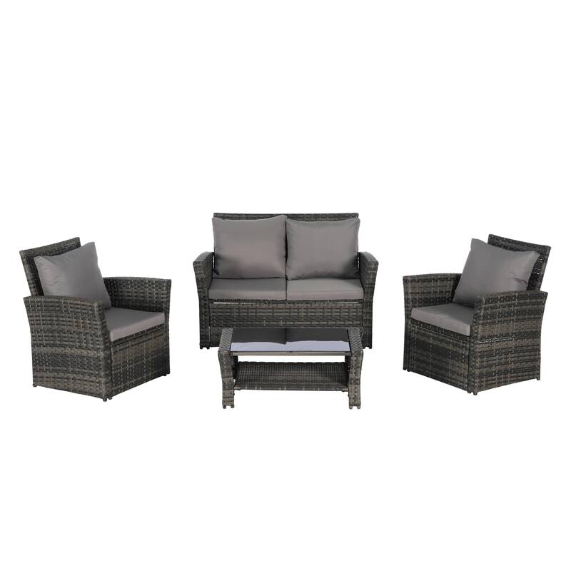 4 Piece Patio Furniture Set, Outdoor Rattan Wicker Sofa Set with Water Resistant Cushion and Tempered Glass Coffee Table