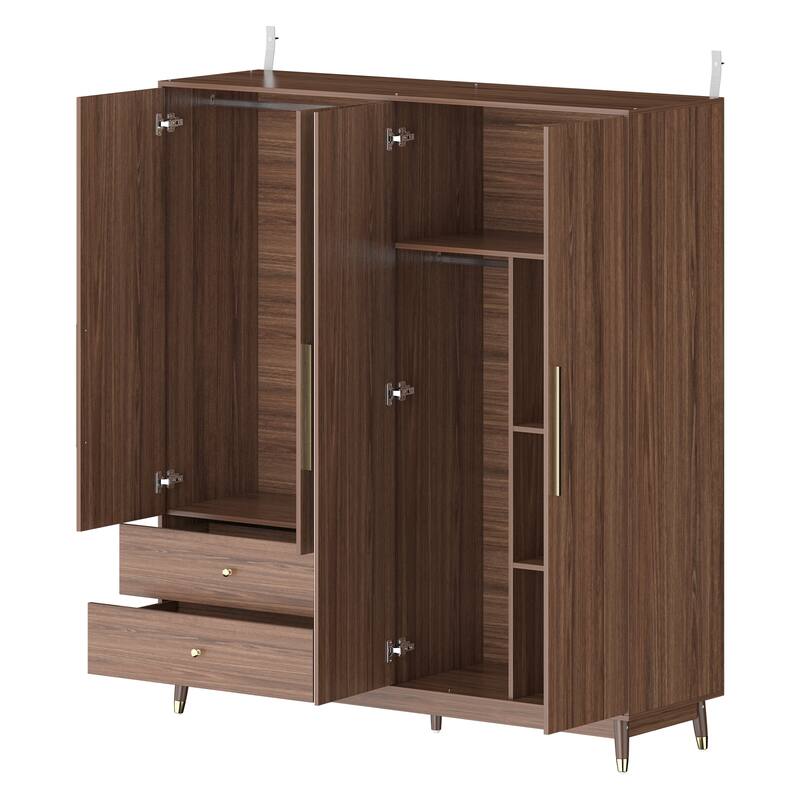 Wooden 2 Drawers 4 Doors Wardrobe Armoire With Mirror (Gray/Black)