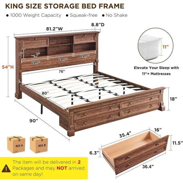 dimension image slide 3 of 10, Farmhouse Bed Frame with 54" Tall Storage Bookcase Headboard