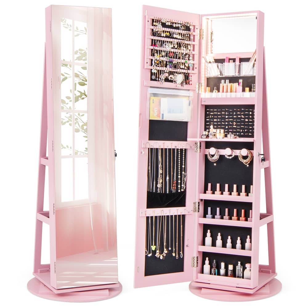 Gymax Rotating Mirrored Jewelry Cabinet Armoire 3 Color LED Modes