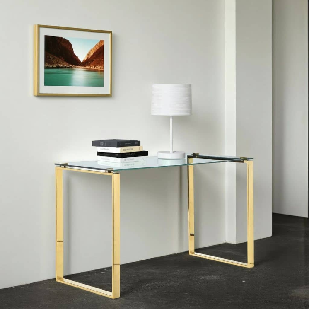 47 Inch Modern Office Desk, Clear Tempered Glass, Gold Sled Steel Frame