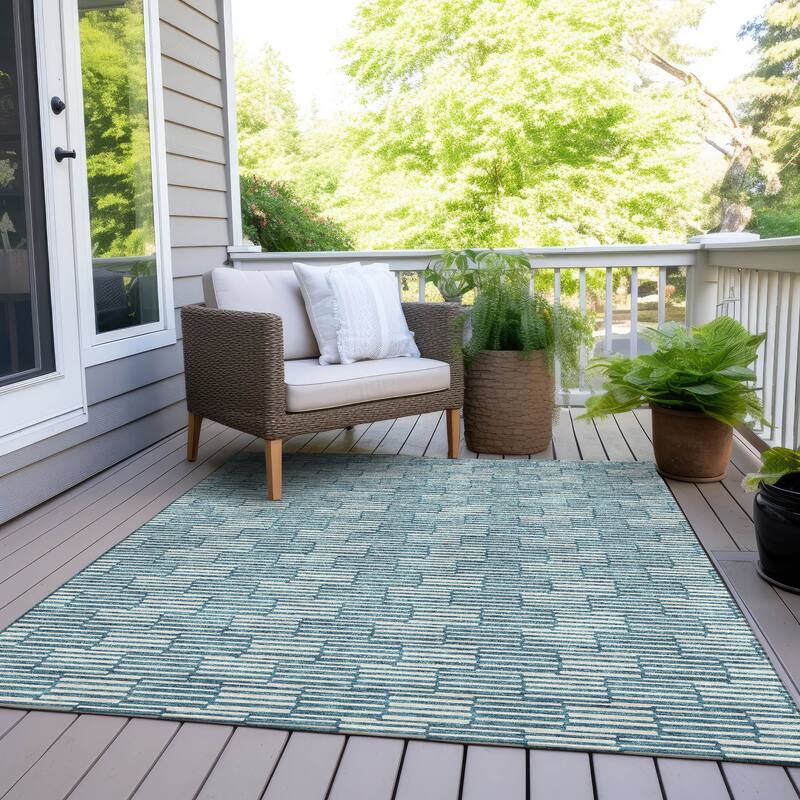 Machine Washable Indoor/ Outdoor Chantille Stripe Blocks Rug - Teal - 10' x 14'